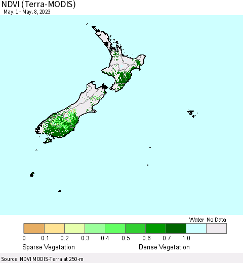 New Zealand NDVI (Terra-MODIS) Thematic Map For 5/1/2023 - 5/8/2023