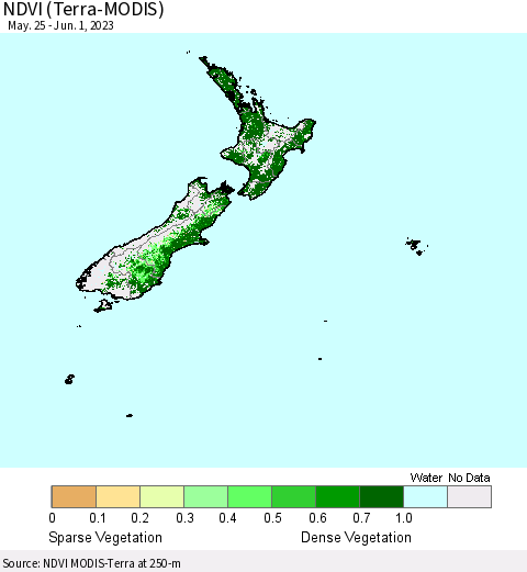 New Zealand NDVI (Terra-MODIS) Thematic Map For 5/25/2023 - 6/1/2023