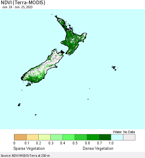 New Zealand NDVI (Terra-MODIS) Thematic Map For 6/18/2023 - 6/25/2023
