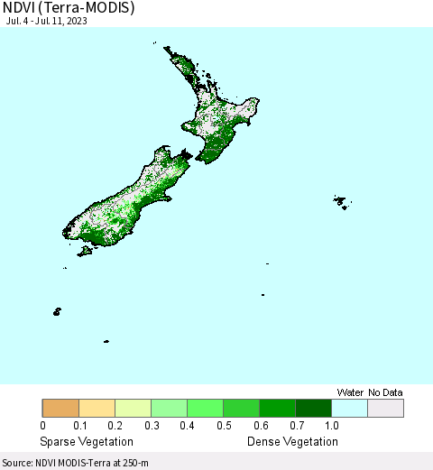 New Zealand NDVI (Terra-MODIS) Thematic Map For 7/4/2023 - 7/11/2023