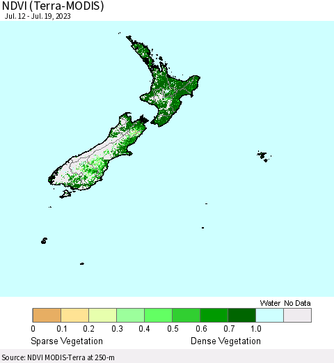 New Zealand NDVI (Terra-MODIS) Thematic Map For 7/12/2023 - 7/19/2023
