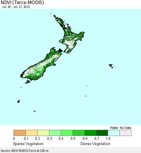 New Zealand NDVI (Terra-MODIS) Thematic Map For 7/20/2023 - 7/27/2023