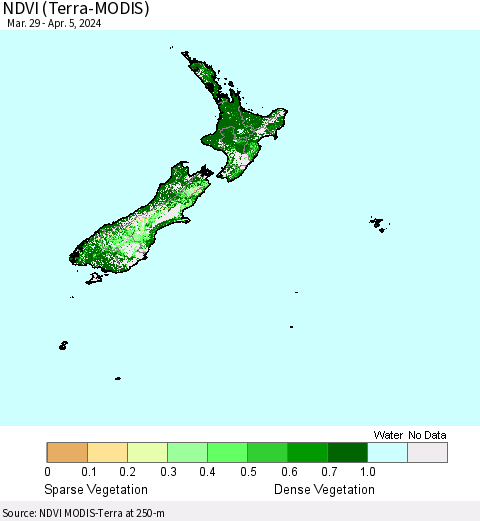 New Zealand NDVI (Terra-MODIS) Thematic Map For 3/29/2024 - 4/5/2024