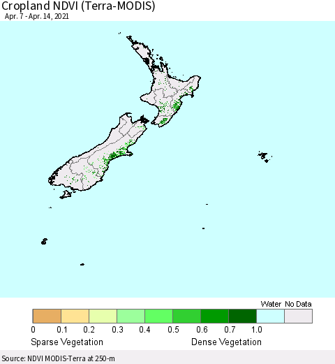 New Zealand Cropland NDVI (Terra-MODIS) Thematic Map For 4/7/2021 - 4/14/2021