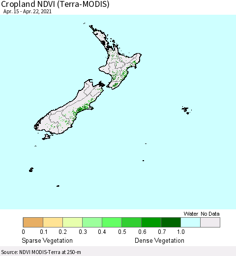 New Zealand Cropland NDVI (Terra-MODIS) Thematic Map For 4/15/2021 - 4/22/2021