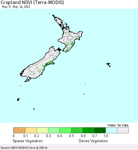 New Zealand Cropland NDVI (Terra-MODIS) Thematic Map For 5/9/2021 - 5/16/2021