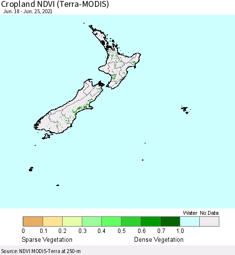 New Zealand Cropland NDVI (Terra-MODIS) Thematic Map For 6/18/2021 - 6/25/2021