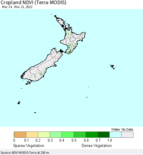 New Zealand Cropland NDVI (Terra-MODIS) Thematic Map For 3/14/2022 - 3/21/2022