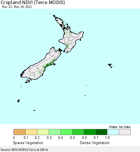 New Zealand Cropland NDVI (Terra-MODIS) Thematic Map For 3/22/2022 - 3/29/2022