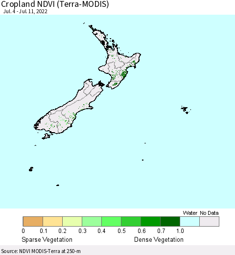 New Zealand Cropland NDVI (Terra-MODIS) Thematic Map For 7/4/2022 - 7/11/2022