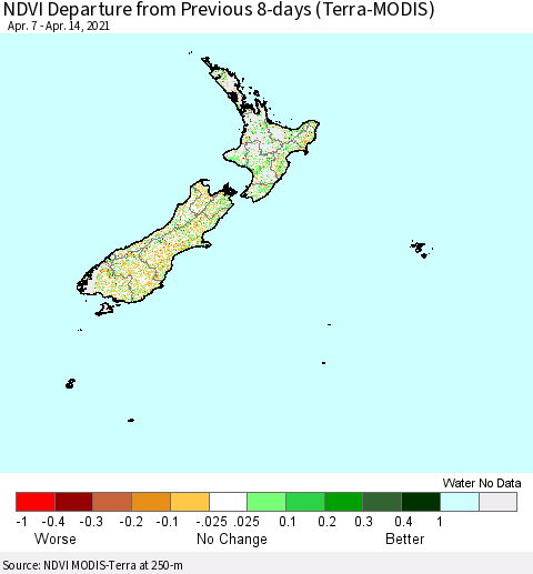 New Zealand NDVI Departure from Previous 8-days (Terra-MODIS) Thematic Map For 4/7/2021 - 4/14/2021