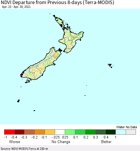 New Zealand NDVI Departure from Previous 8-days (Terra-MODIS) Thematic Map For 4/23/2021 - 4/30/2021
