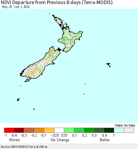 New Zealand NDVI Departure from Previous 8-days (Terra-MODIS) Thematic Map For 5/25/2021 - 6/1/2021