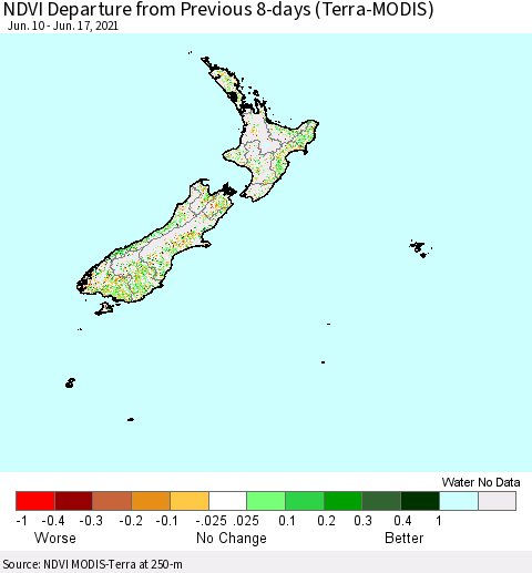 New Zealand NDVI Departure from Previous 8-days (Terra-MODIS) Thematic Map For 6/10/2021 - 6/17/2021