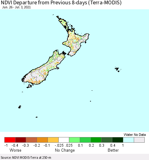 New Zealand NDVI Departure from Previous 8-days (Terra-MODIS) Thematic Map For 6/26/2021 - 7/3/2021