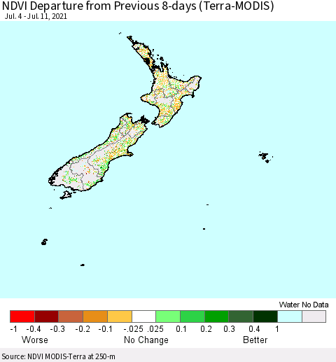 New Zealand NDVI Departure from Previous 8-days (Terra-MODIS) Thematic Map For 7/4/2021 - 7/11/2021