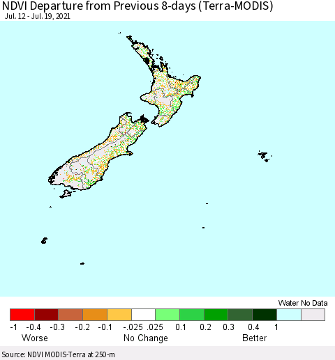 New Zealand NDVI Departure from Previous 8-days (Terra-MODIS) Thematic Map For 7/12/2021 - 7/19/2021