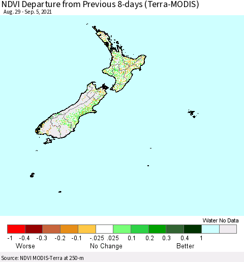 New Zealand NDVI Departure from Previous 8-days (Terra-MODIS) Thematic Map For 8/29/2021 - 9/5/2021