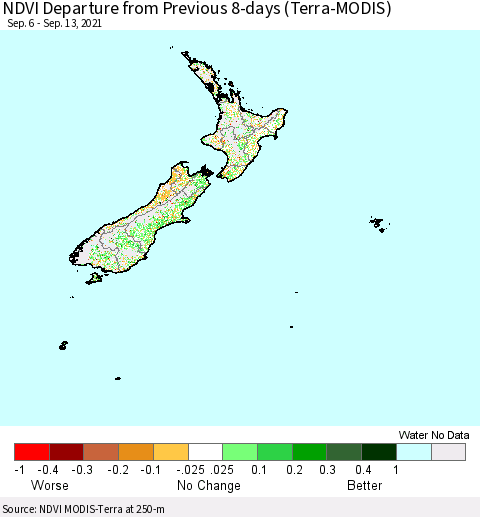 New Zealand NDVI Departure from Previous 8-days (Terra-MODIS) Thematic Map For 9/6/2021 - 9/13/2021