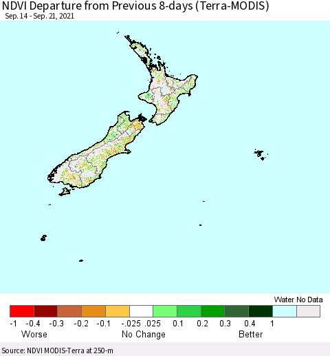 New Zealand NDVI Departure from Previous 8-days (Terra-MODIS) Thematic Map For 9/14/2021 - 9/21/2021