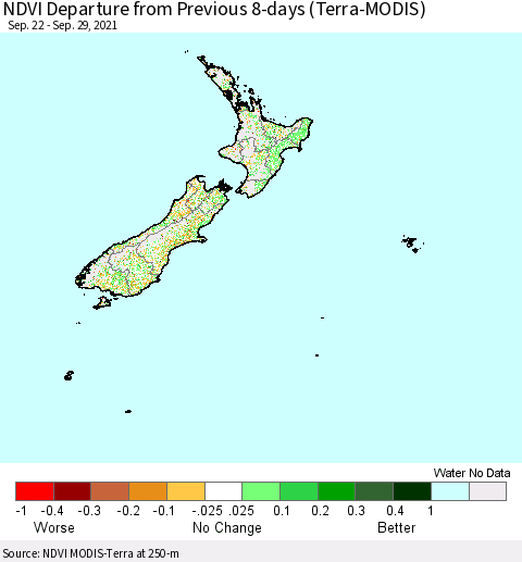New Zealand NDVI Departure from Previous 8-days (Terra-MODIS) Thematic Map For 9/22/2021 - 9/29/2021
