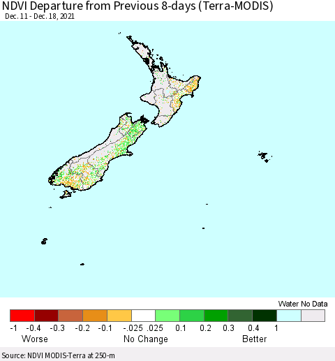 New Zealand NDVI Departure from Previous 8-days (Terra-MODIS) Thematic Map For 12/11/2021 - 12/18/2021