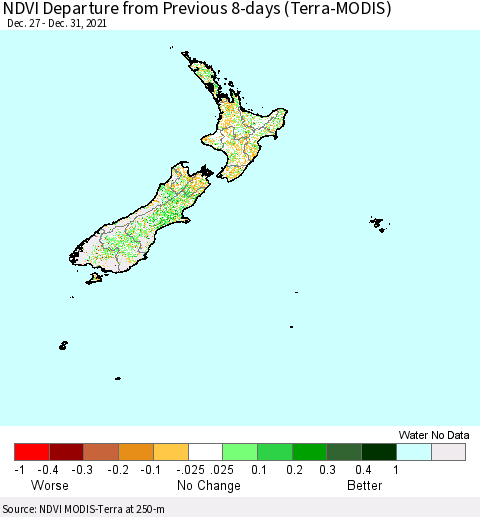 New Zealand NDVI Departure from Previous 8-days (Terra-MODIS) Thematic Map For 12/26/2021 - 1/2/2022