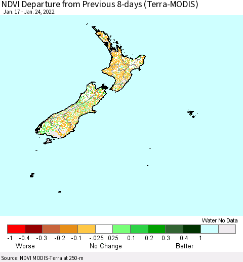New Zealand NDVI Departure from Previous 8-days (Terra-MODIS) Thematic Map For 1/17/2022 - 1/24/2022