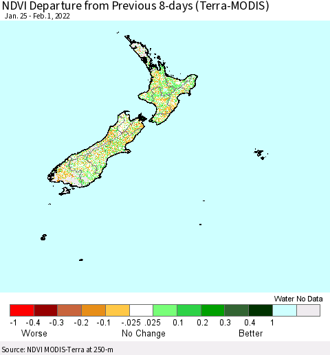 New Zealand NDVI Departure from Previous 8-days (Terra-MODIS) Thematic Map For 1/25/2022 - 2/1/2022
