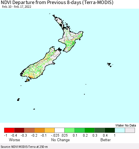 New Zealand NDVI Departure from Previous 8-days (Terra-MODIS) Thematic Map For 2/10/2022 - 2/17/2022