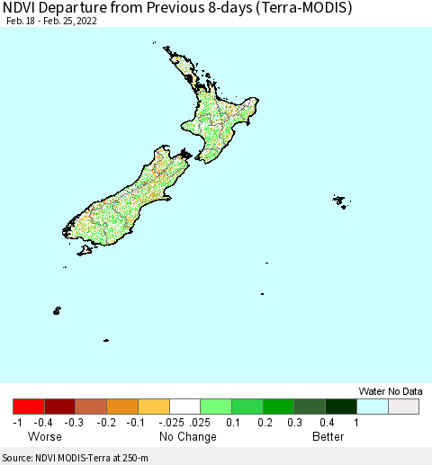 New Zealand NDVI Departure from Previous 8-days (Terra-MODIS) Thematic Map For 2/18/2022 - 2/25/2022