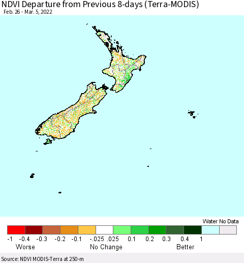 New Zealand NDVI Departure from Previous 8-days (Terra-MODIS) Thematic Map For 2/26/2022 - 3/5/2022