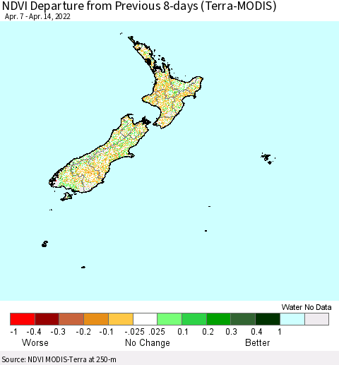 New Zealand NDVI Departure from Previous 8-days (Terra-MODIS) Thematic Map For 4/7/2022 - 4/14/2022