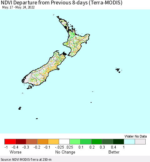 New Zealand NDVI Departure from Previous 8-days (Terra-MODIS) Thematic Map For 5/17/2022 - 5/24/2022