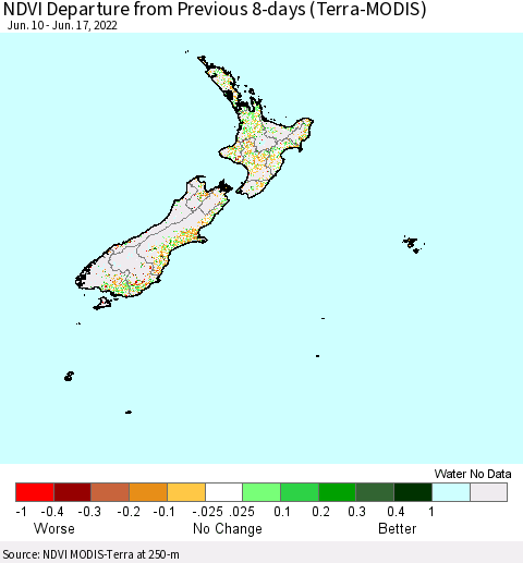 New Zealand NDVI Departure from Previous 8-days (Terra-MODIS) Thematic Map For 6/10/2022 - 6/17/2022