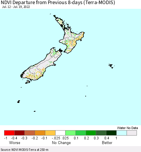 New Zealand NDVI Departure from Previous 8-days (Terra-MODIS) Thematic Map For 7/12/2022 - 7/19/2022