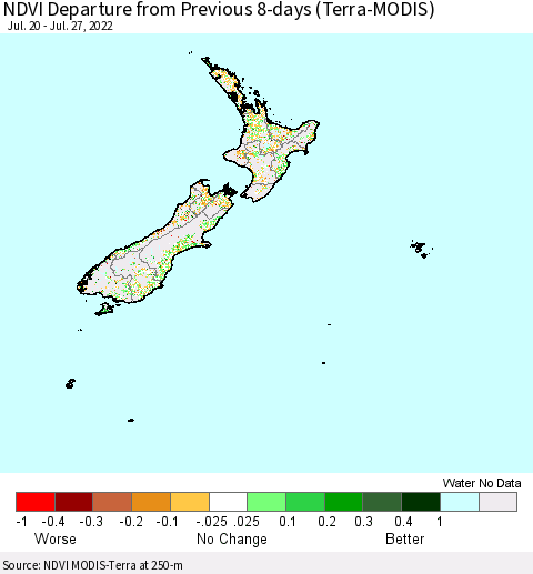 New Zealand NDVI Departure from Previous 8-days (Terra-MODIS) Thematic Map For 7/20/2022 - 7/27/2022