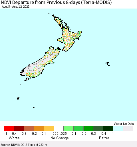 New Zealand NDVI Departure from Previous 8-days (Terra-MODIS) Thematic Map For 8/5/2022 - 8/12/2022