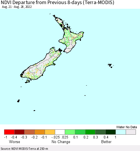 New Zealand NDVI Departure from Previous 8-days (Terra-MODIS) Thematic Map For 8/21/2022 - 8/28/2022