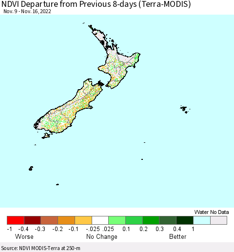 New Zealand NDVI Departure from Previous 8-days (Terra-MODIS) Thematic Map For 11/9/2022 - 11/16/2022