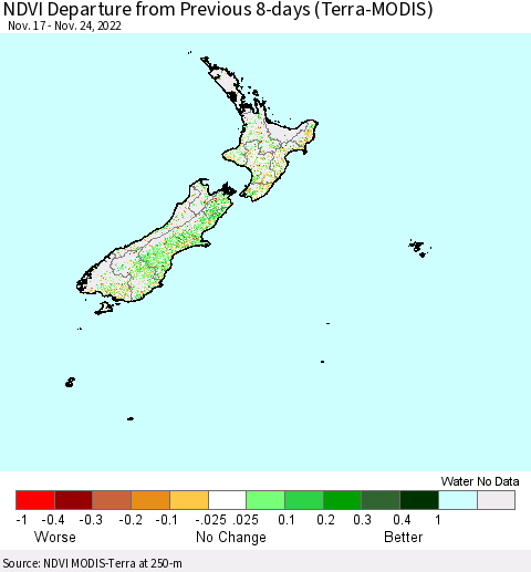 New Zealand NDVI Departure from Previous 8-days (Terra-MODIS) Thematic Map For 11/17/2022 - 11/24/2022