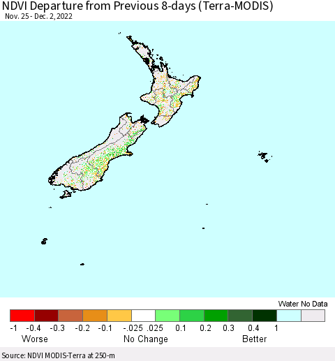 New Zealand NDVI Departure from Previous 8-days (Terra-MODIS) Thematic Map For 11/25/2022 - 12/2/2022