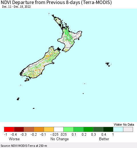 New Zealand NDVI Departure from Previous 8-days (Terra-MODIS) Thematic Map For 12/11/2022 - 12/18/2022