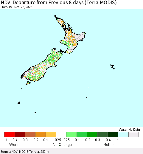 New Zealand NDVI Departure from Previous 8-days (Terra-MODIS) Thematic Map For 12/19/2022 - 12/26/2022