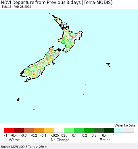 New Zealand NDVI Departure from Previous 8-days (Terra-MODIS) Thematic Map For 2/18/2023 - 2/25/2023