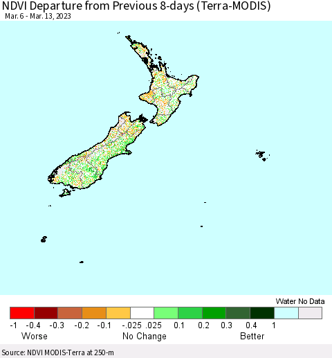 New Zealand NDVI Departure from Previous 8-days (Terra-MODIS) Thematic Map For 3/6/2023 - 3/13/2023