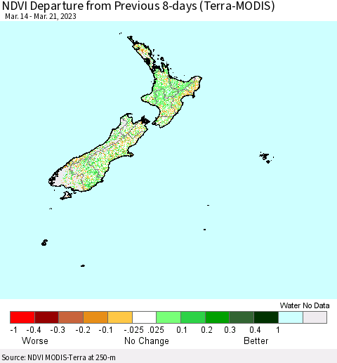 New Zealand NDVI Departure from Previous 8-days (Terra-MODIS) Thematic Map For 3/14/2023 - 3/21/2023