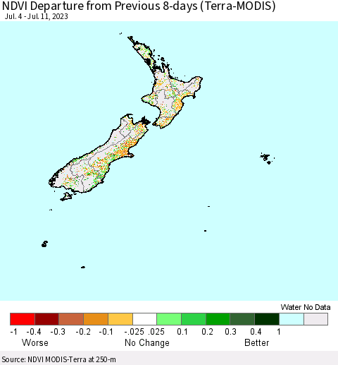 New Zealand NDVI Departure from Previous 8-days (Terra-MODIS) Thematic Map For 7/4/2023 - 7/11/2023