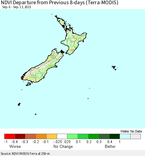 New Zealand NDVI Departure from Previous 8-days (Terra-MODIS) Thematic Map For 9/6/2023 - 9/13/2023