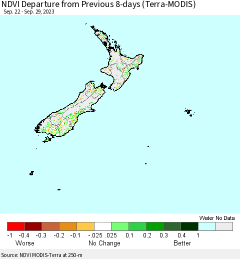 New Zealand NDVI Departure from Previous 8-days (Terra-MODIS) Thematic Map For 9/22/2023 - 9/29/2023
